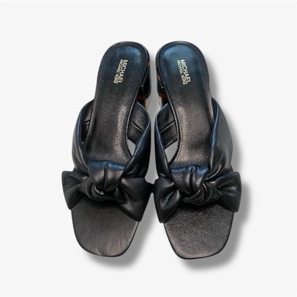 Michael Kors Black Leather Mules | Bow Slip-On Heels with Tortoise Block Heel - Picture 2 of 6